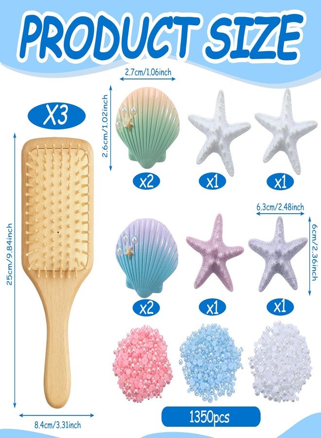 LemonRoad 3 Set DIY Wooden Hairbrush Kit Decorate Your Own Hair Brush with Pearl Seashell Starfish Hairbrush Gift for Women Girls Birthday Bridal Baby Shower Wedding Mermaid Party Favor - Image 2
